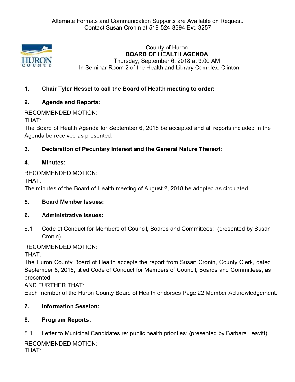 County of Huron Board of Health Agenda: April 7, 2016