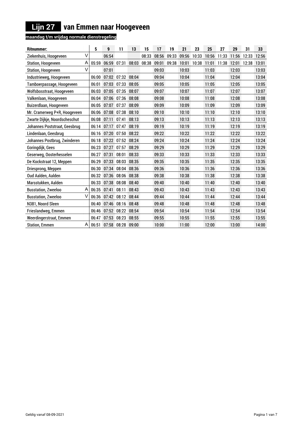 Lijn 27 Van Emmen Naar Hoogeveen Maandag T/M Vrijdag Normale Dienstregeling
