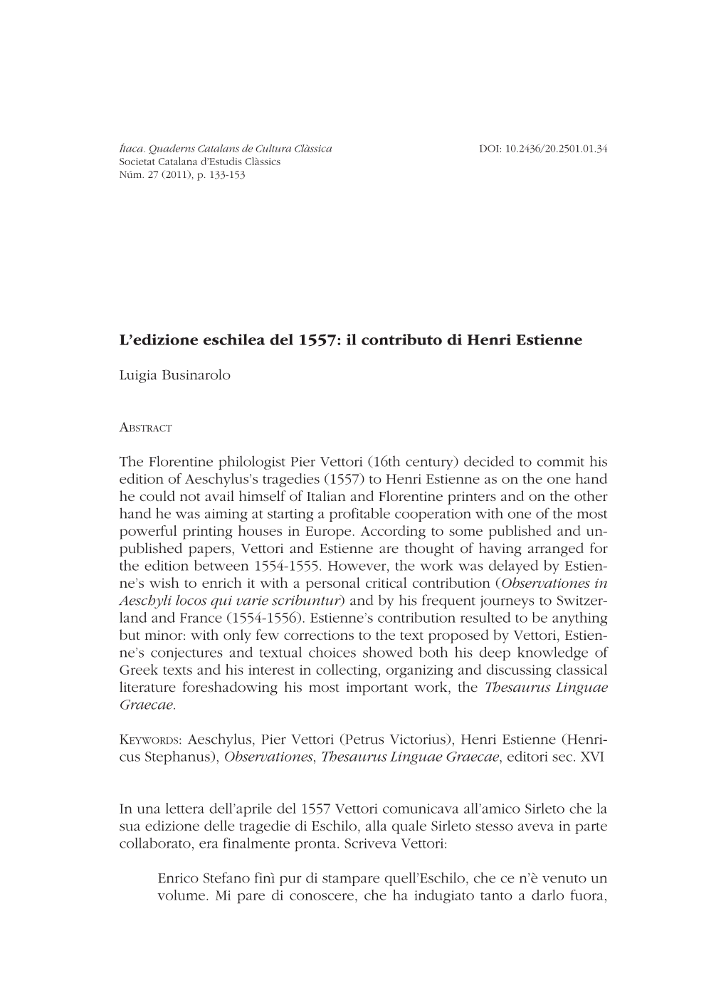 L'edizione Eschilea Del 1557: Il Contributo Di Henri Estienne