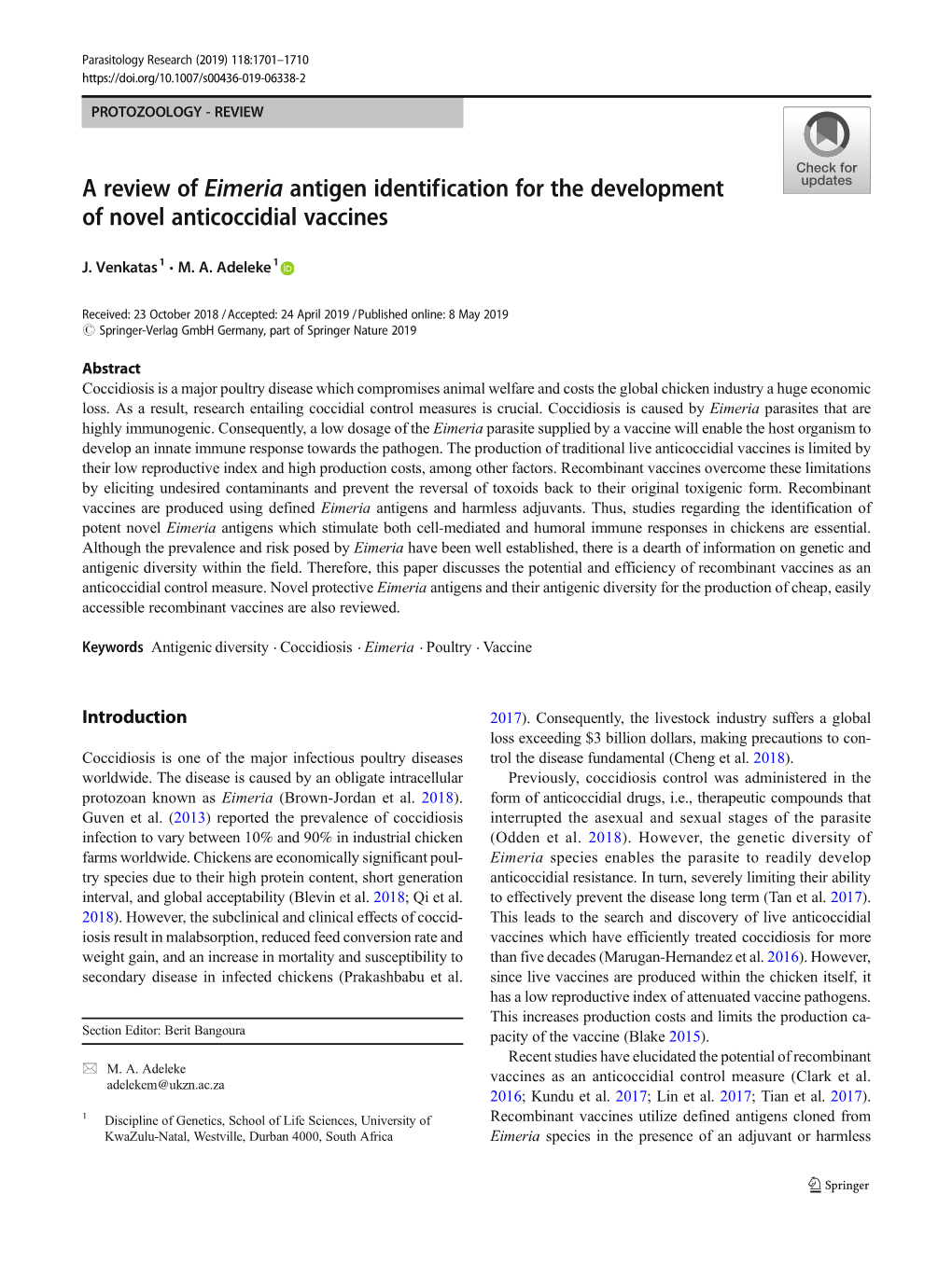 A Review of Eimeria Antigen Identification for the Development Of