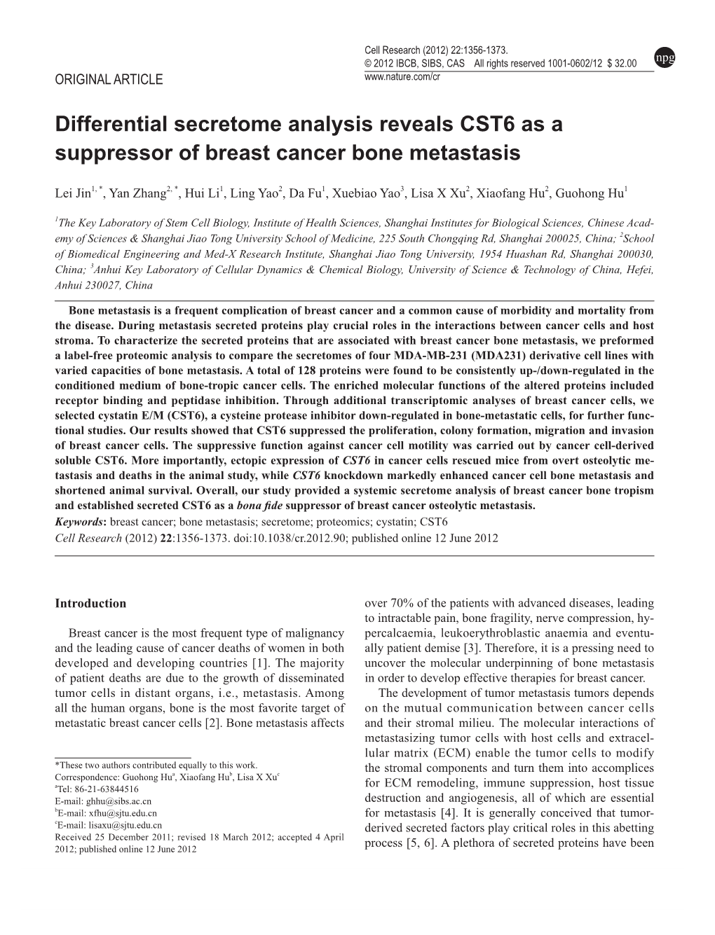 Differential Secretome Analysis Reveals CST6 As a Suppressor of Breast Cancer Bone Metastasis