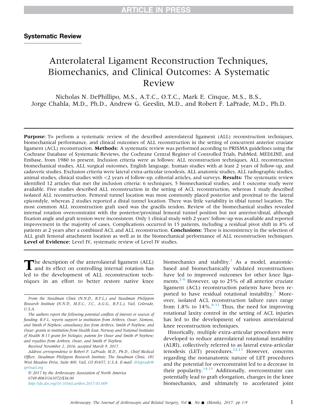 Anterolateral Ligament Reconstruction Techniques, Biomechanics, and Clinical Outcomes: a Systematic Review Nicholas N
