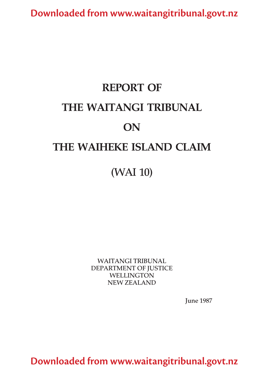 Report of the Waitangi Tribunal on the Waiheke Island Claim