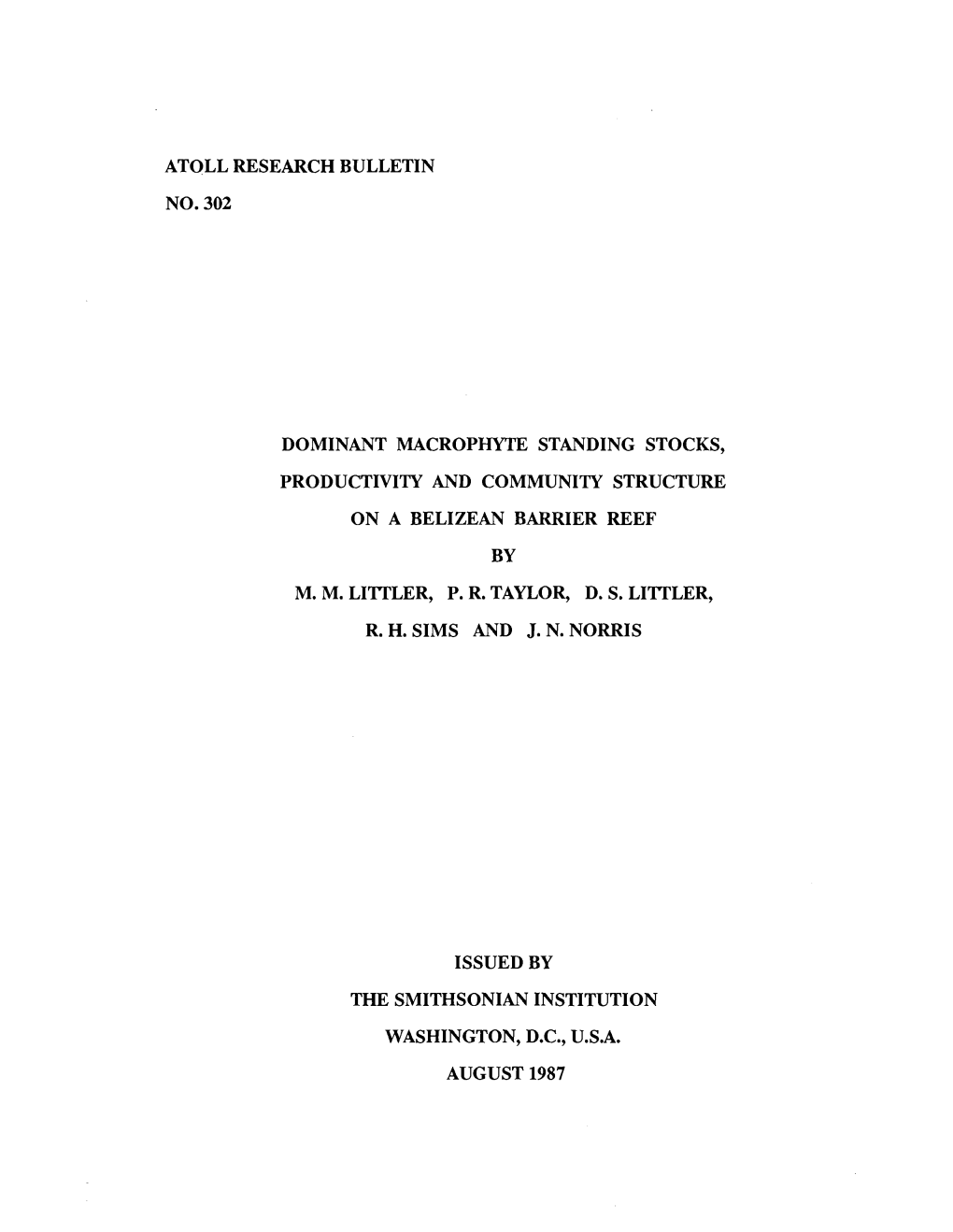 Atoll Research Bulletin No. 302 Dominant Macrophyte