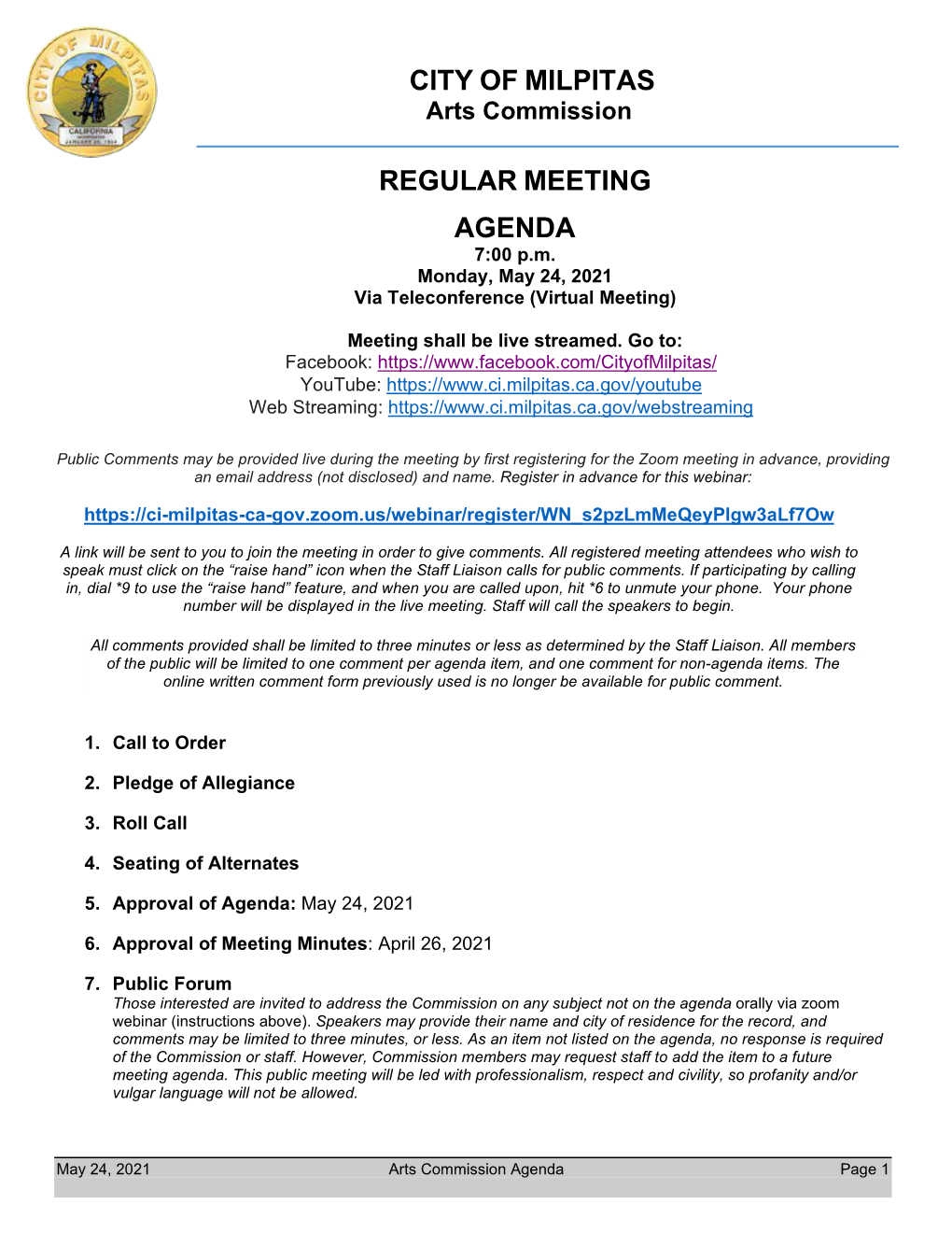 City of Milpitas Regular Meeting Agenda