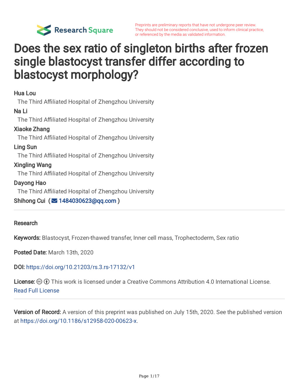 Does the Sex Ratio of Singleton Births After Frozen Single Blastocyst Transfer Differ According to Blastocyst Morphology?