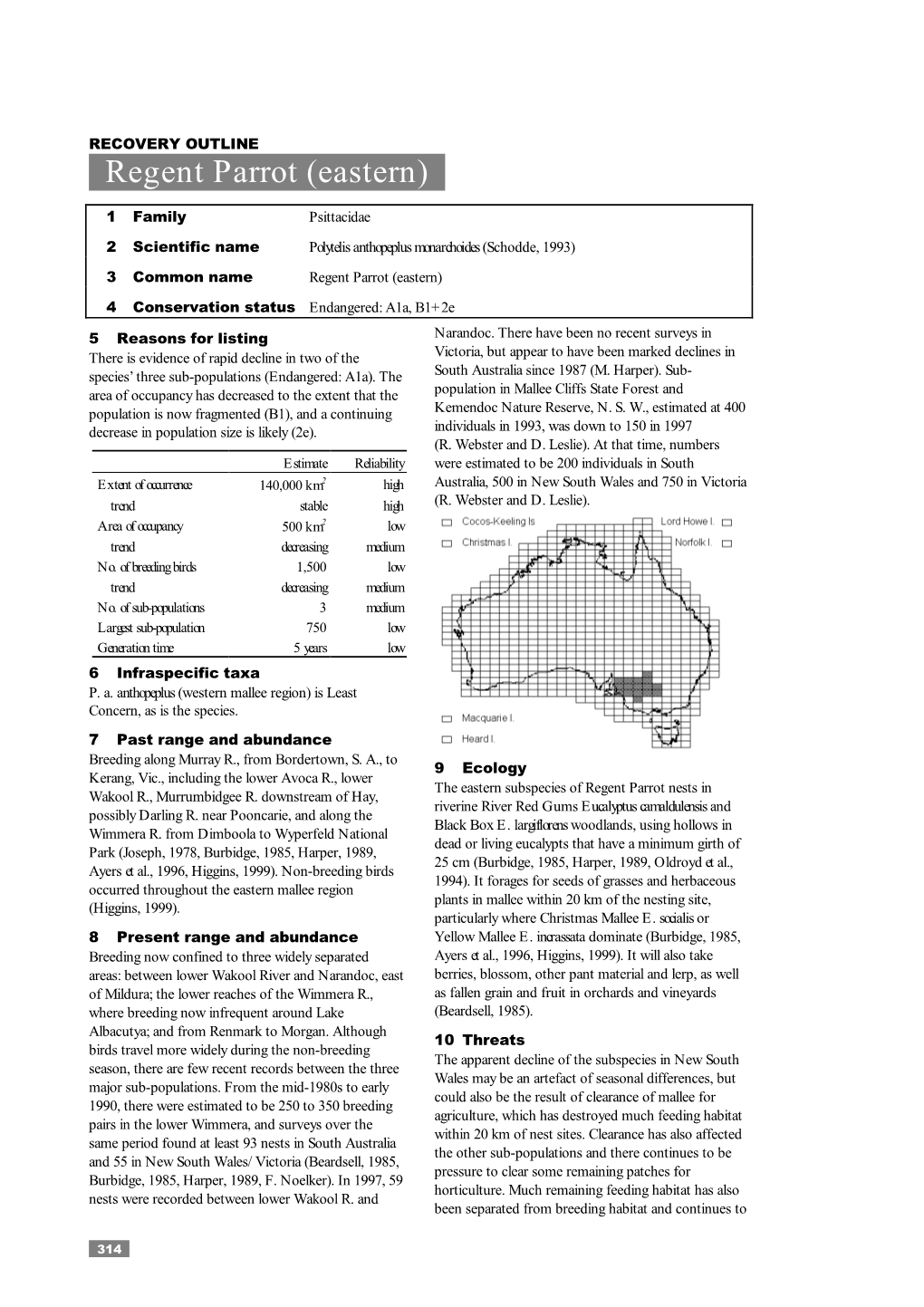 RECOVERY OUTLINE Regent Parrot (Eastern)