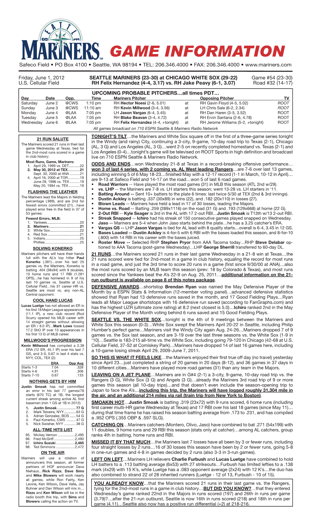 Mariners Game Notes • FRIDAY • JUNE 1, 2012 • at CHICAGO WHITE SOX • Page 2