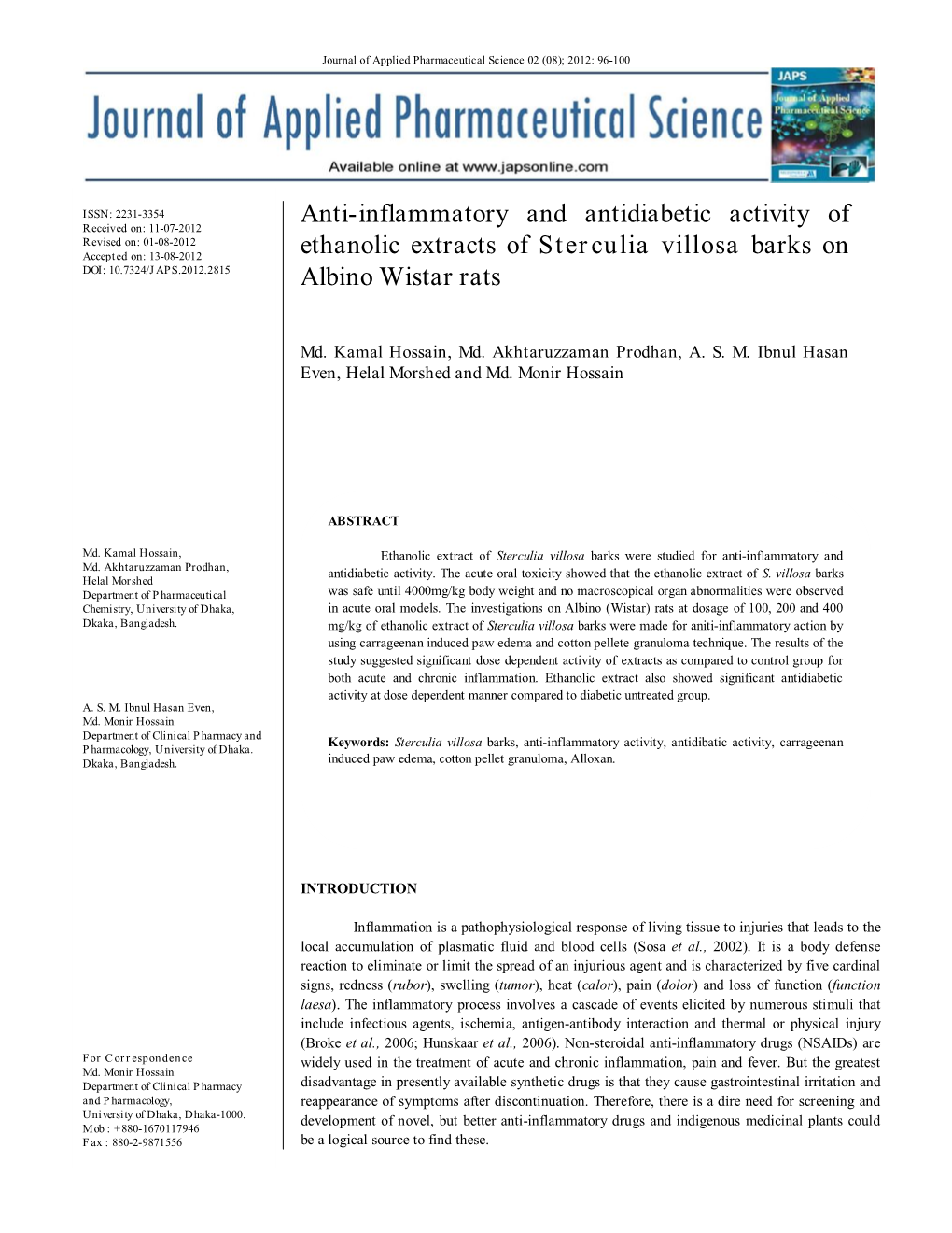 Anti-Inflammatory and Antidiabetic Activity of Ethanolic Extracts of Sterculia Villosa Barks on Albino Wistar Rats