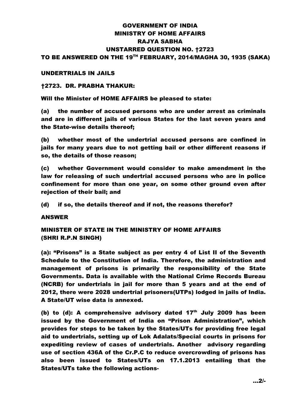 Government of India Ministry of Home Affairs Rajya Sabha Unstarred Question No
