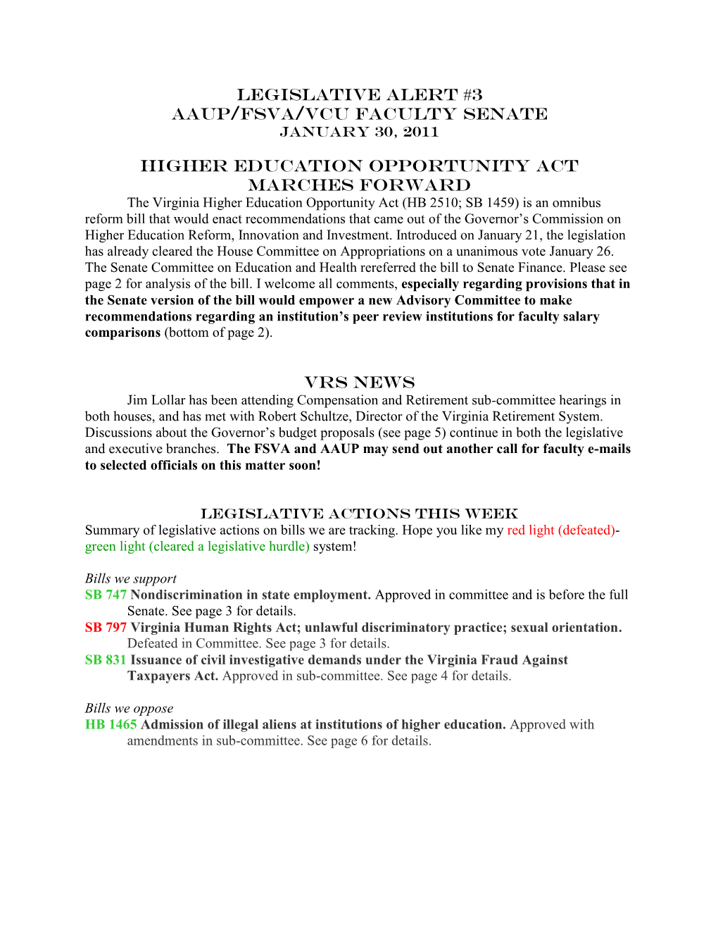 Legislative Alert to AAUP/FSVA January 19, 2007