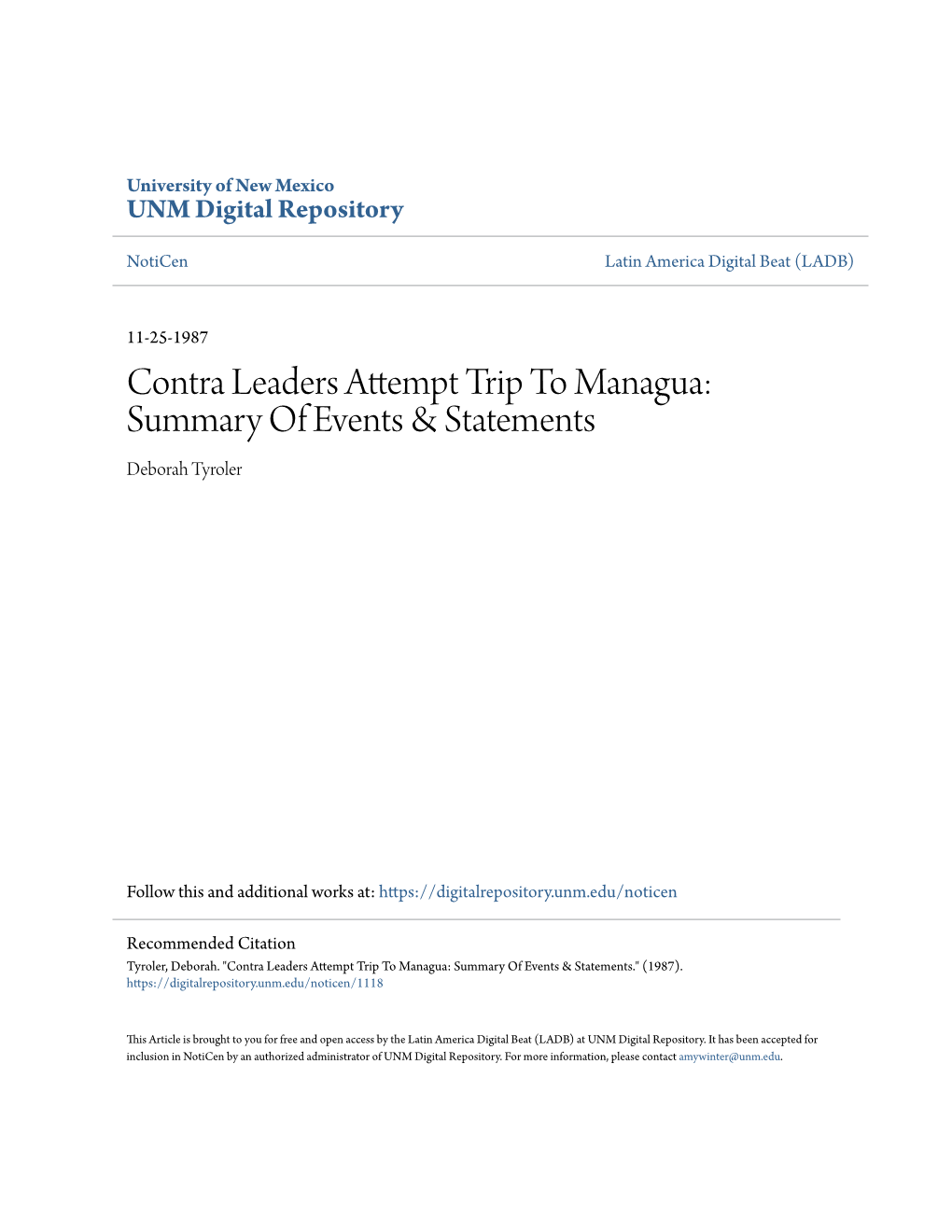 Contra Leaders Attempt Trip to Managua: Summary of Events & Statements Deborah Tyroler