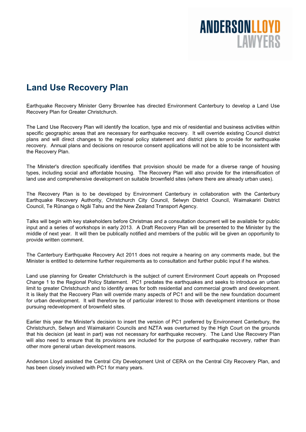 Land Use Recovery Plan