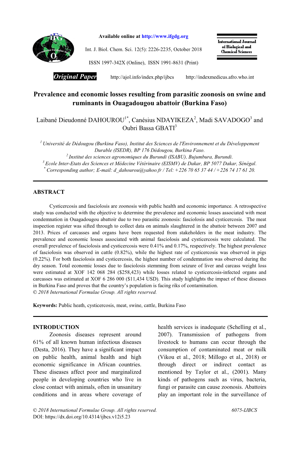 Prevalence and Economic Losses Resulting from Parasitic Zoonosis on Swine and Ruminants in Ouagadougou Abattoir (Burkina Faso)