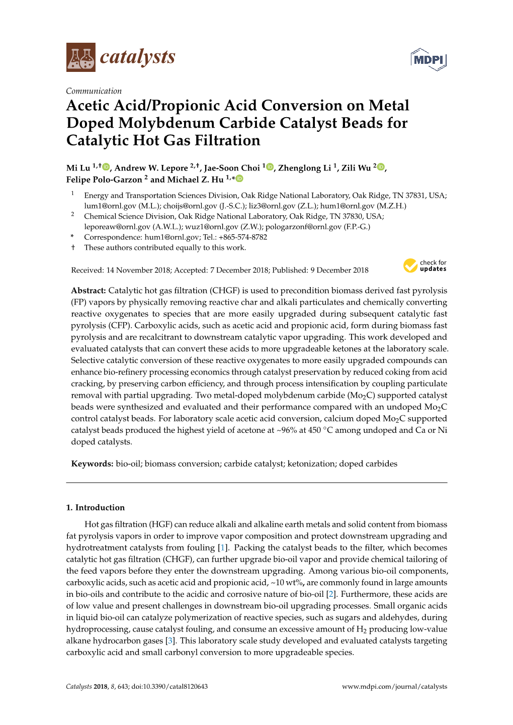 Acetic Acid/Propionic Acid Conversion on Metal Doped Molybdenum Carbide Catalyst Beads for Catalytic Hot Gas Filtration