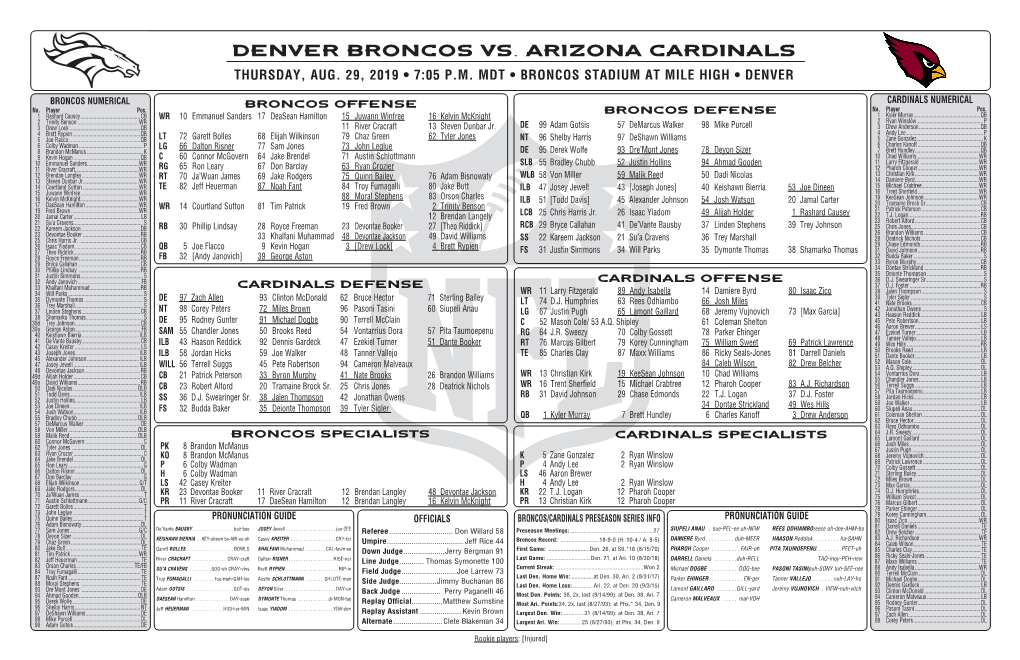 DENVER BRONCOS VS. Arizona Cardinals THURSDAY, AUG