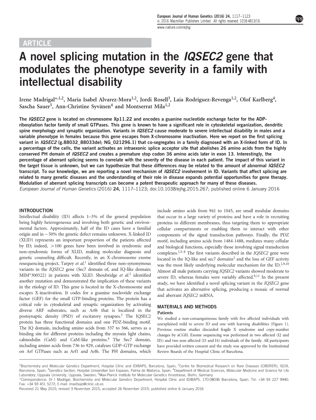 A Novel Splicing Mutation in the IQSEC2 Gene That Modulates the Phenotype Severity in a Family with Intellectual Disability