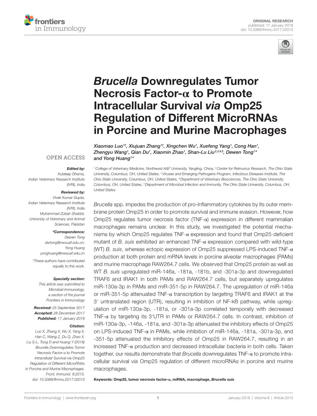 Brucella Downregulates Tumor Necrosis Factor-Α to Promote Intracellular Survival Via Omp25 Regulation of Different Micrornas in Porcine and Murine Macrophages