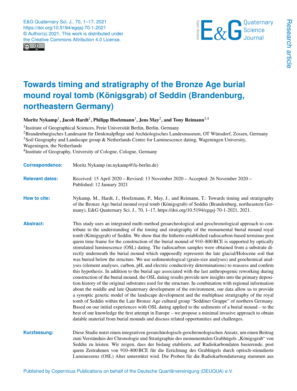 Towards Timing and Stratigraphy of the Bronze Age Burial Mound Royal Tomb (Königsgrab) of Seddin (Brandenburg, Northeastern Germany)