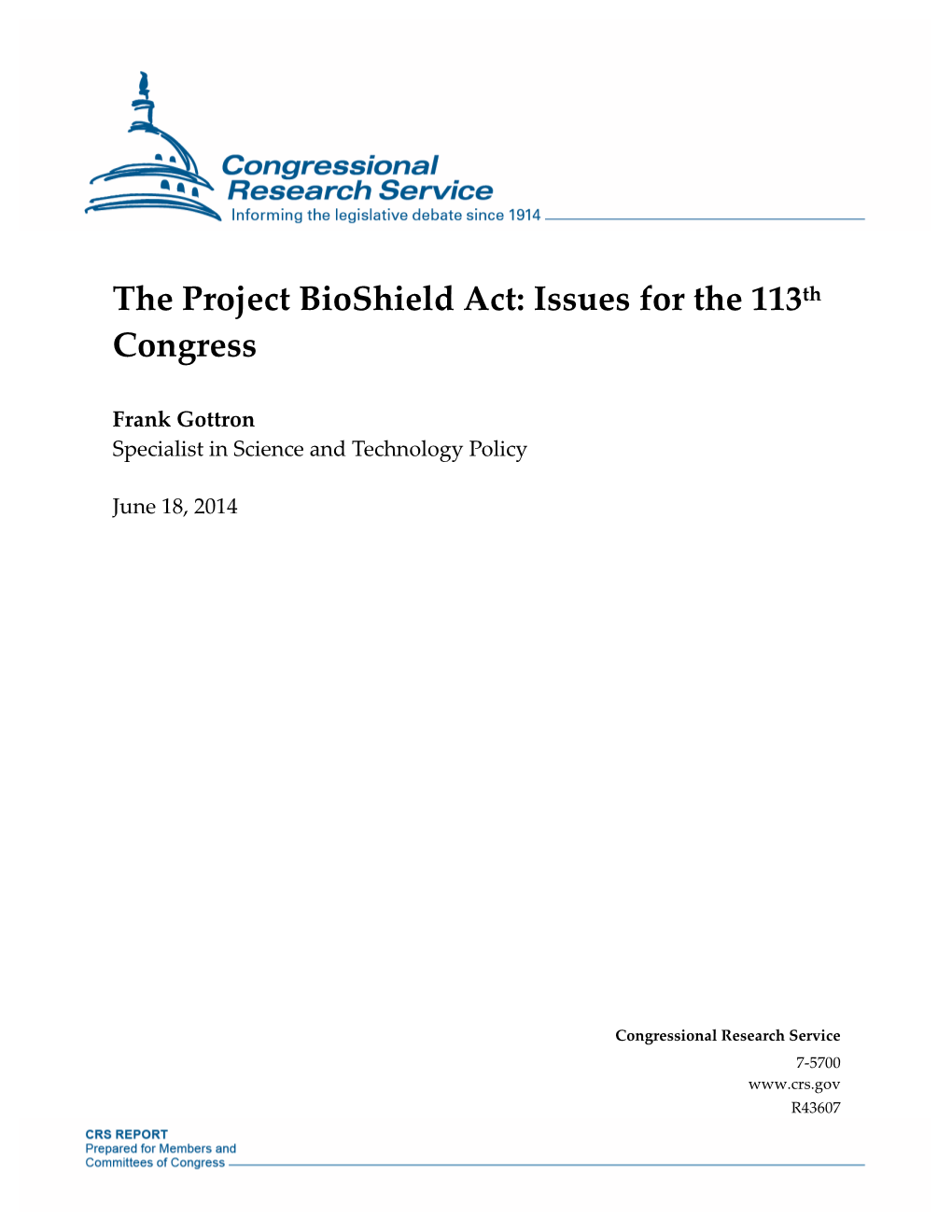 The Project Bioshield Act: Issues for the 113Th Congress