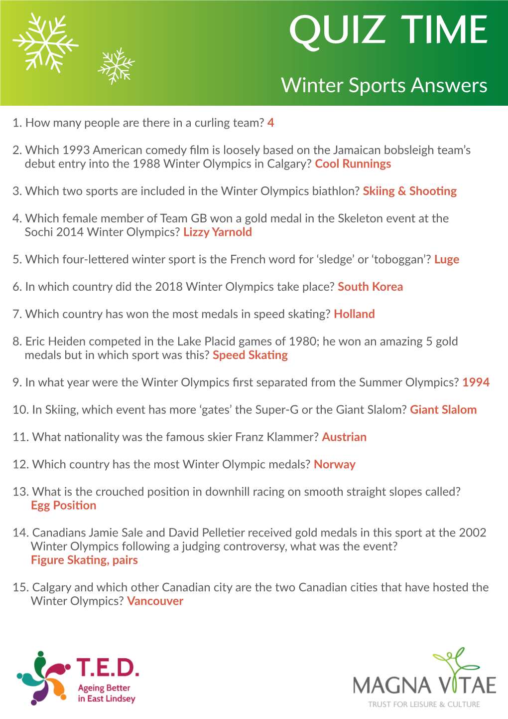 Written Winter Sports Quiz Answers