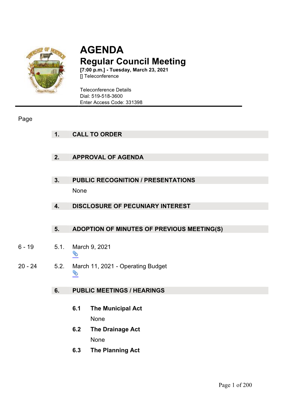Regular Council Meeting [7:00 P.M.] - Tuesday, March 23, 2021 [] Teleconference