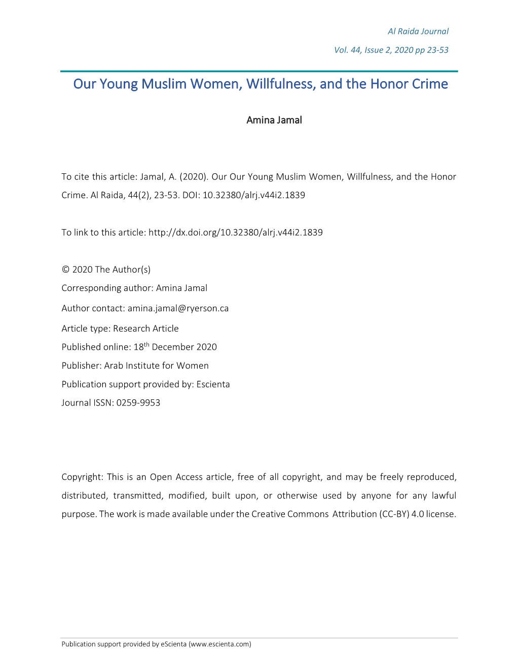 Our Young Muslim Women, Willfulness, and the Honor Crime