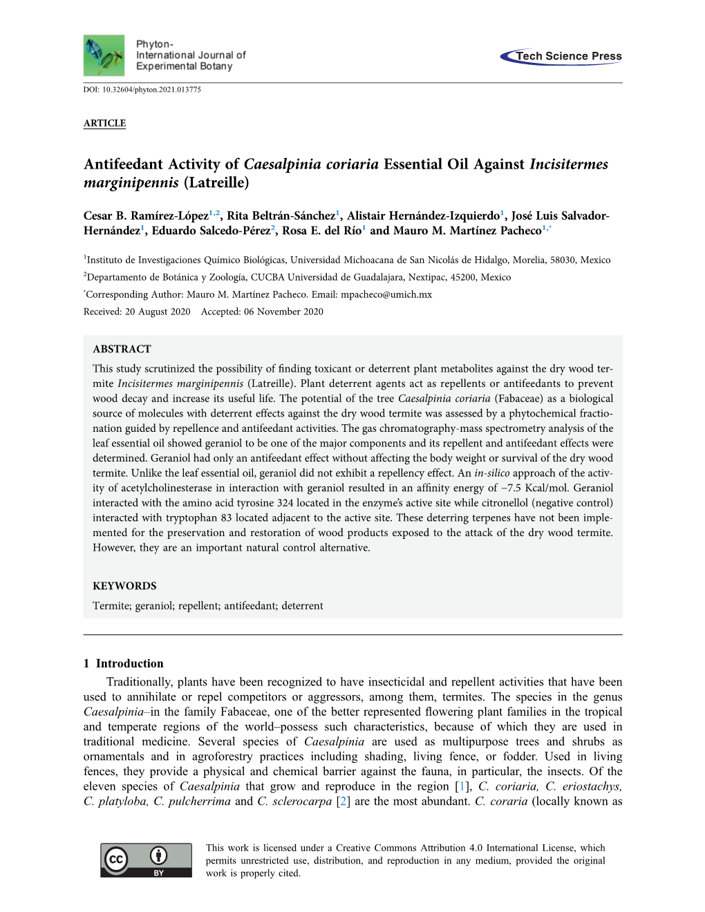 Antifeedant Activity of Caesalpinia Coriaria Essential Oil Against Incisitermes Marginipennis (Latreille)