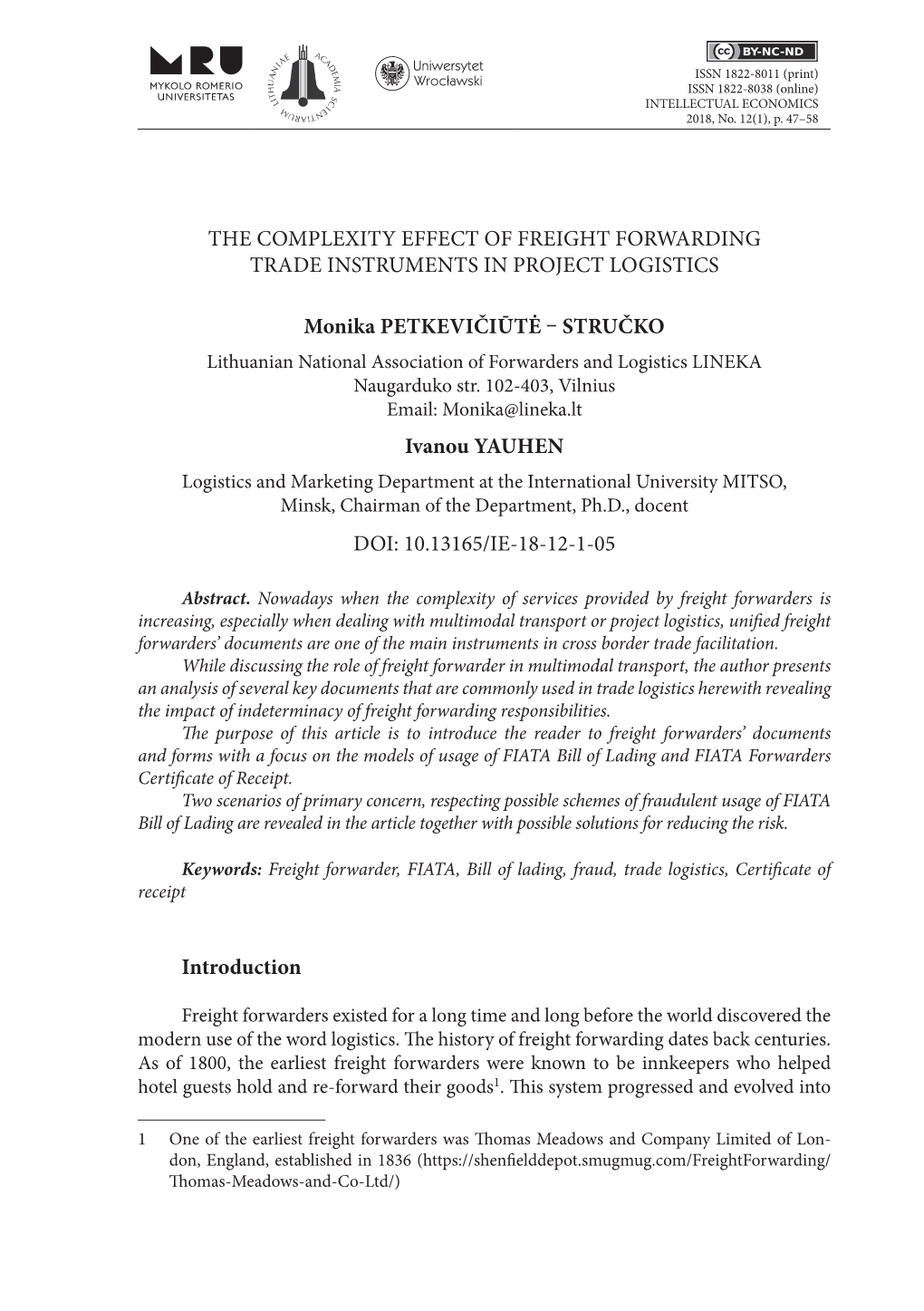 The Complexity Effect of Freight Forwarding Trade Instruments in Project Logistics