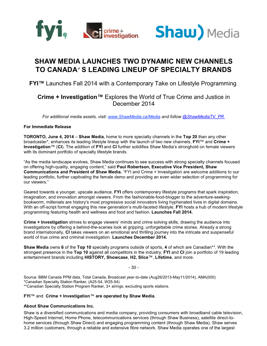 Shaw Media 2014 New Channel Announcement Media Release Final