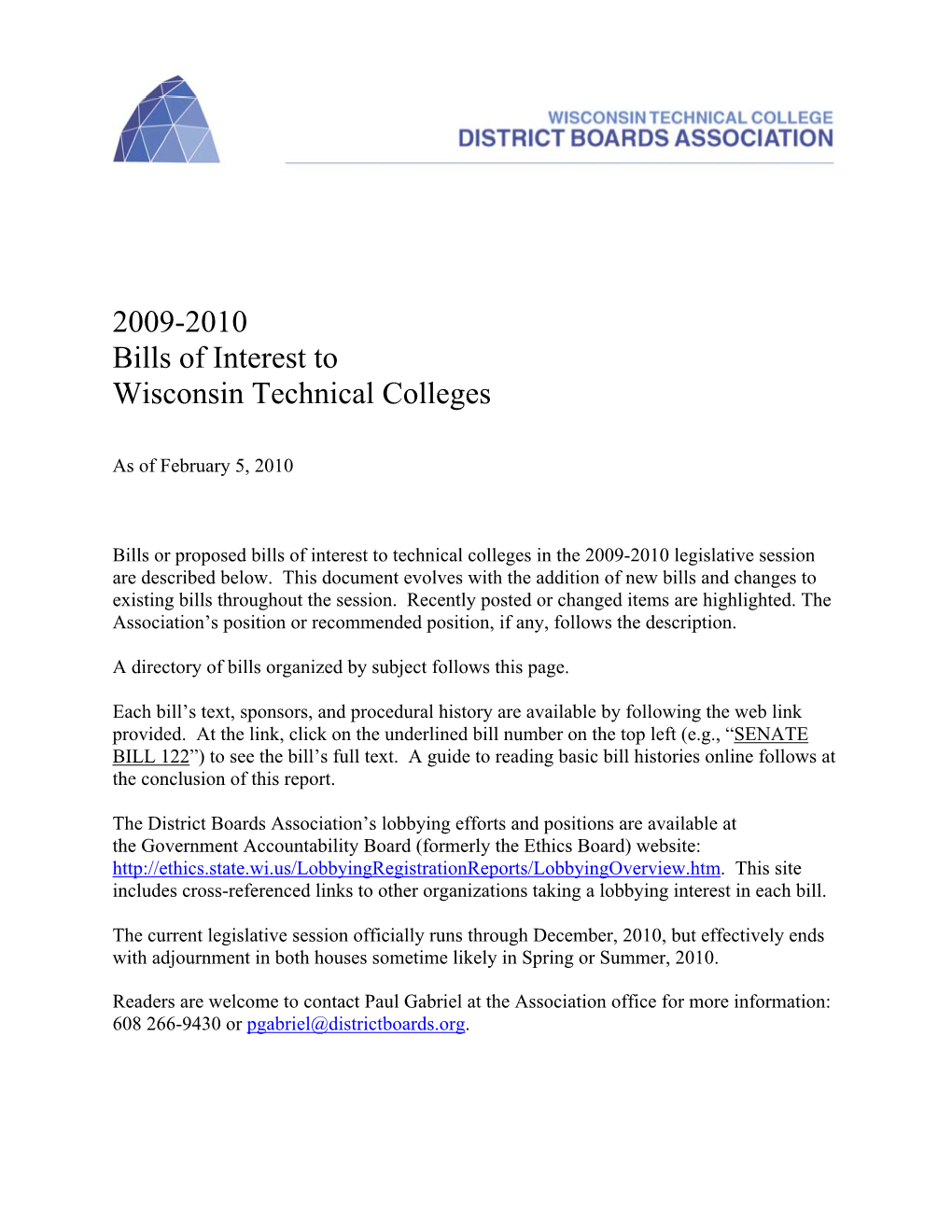 2009-2010 Bills of Interest to Wisconsin Technical Colleges