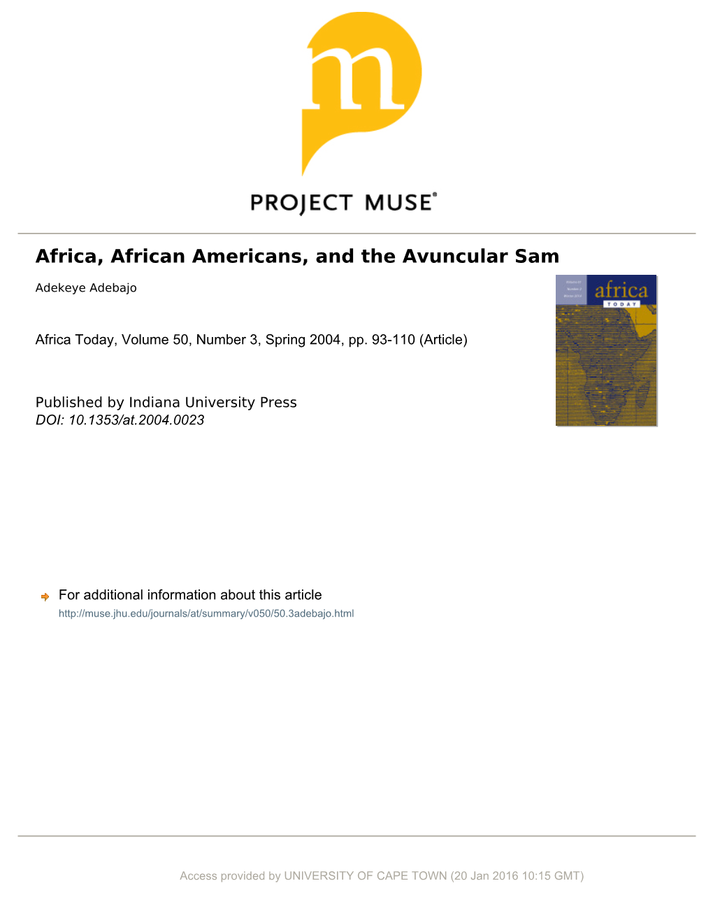 Africa, African Americans, and the Avuncular Sam Adekeye Adebajo