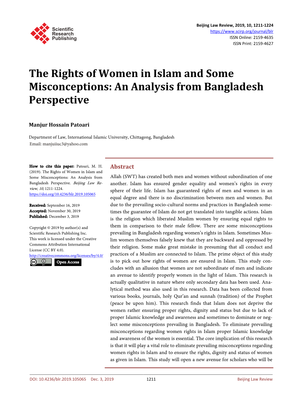 The Rights of Women in Islam and Some Misconceptions: an Analysis from Bangladesh Perspective