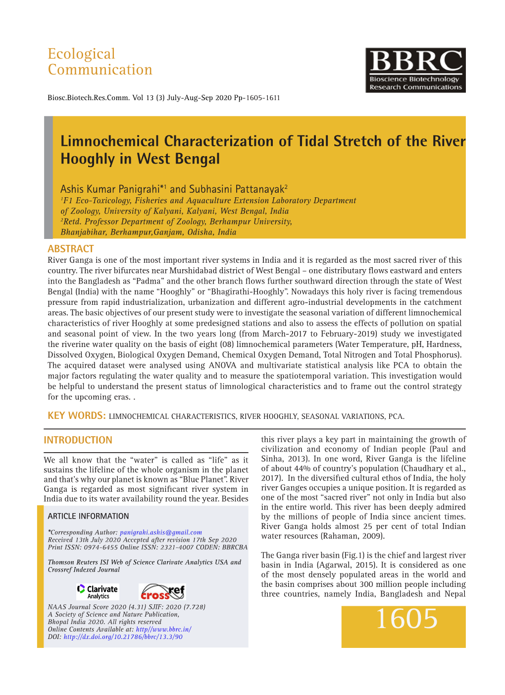 Limnochemical Characterization of Tidal Stretch of the River Hooghly in West Bengal Ecological Communication