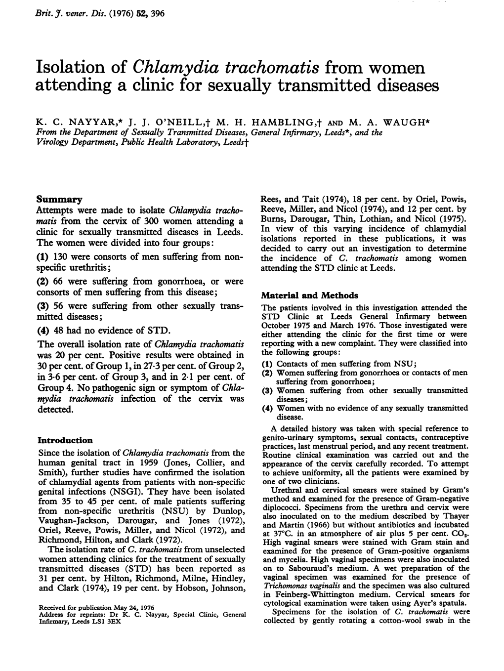 Isolation of Chlamydia Trachomatis from Women Attending a Clinic for Sexually Transmitted Diseases