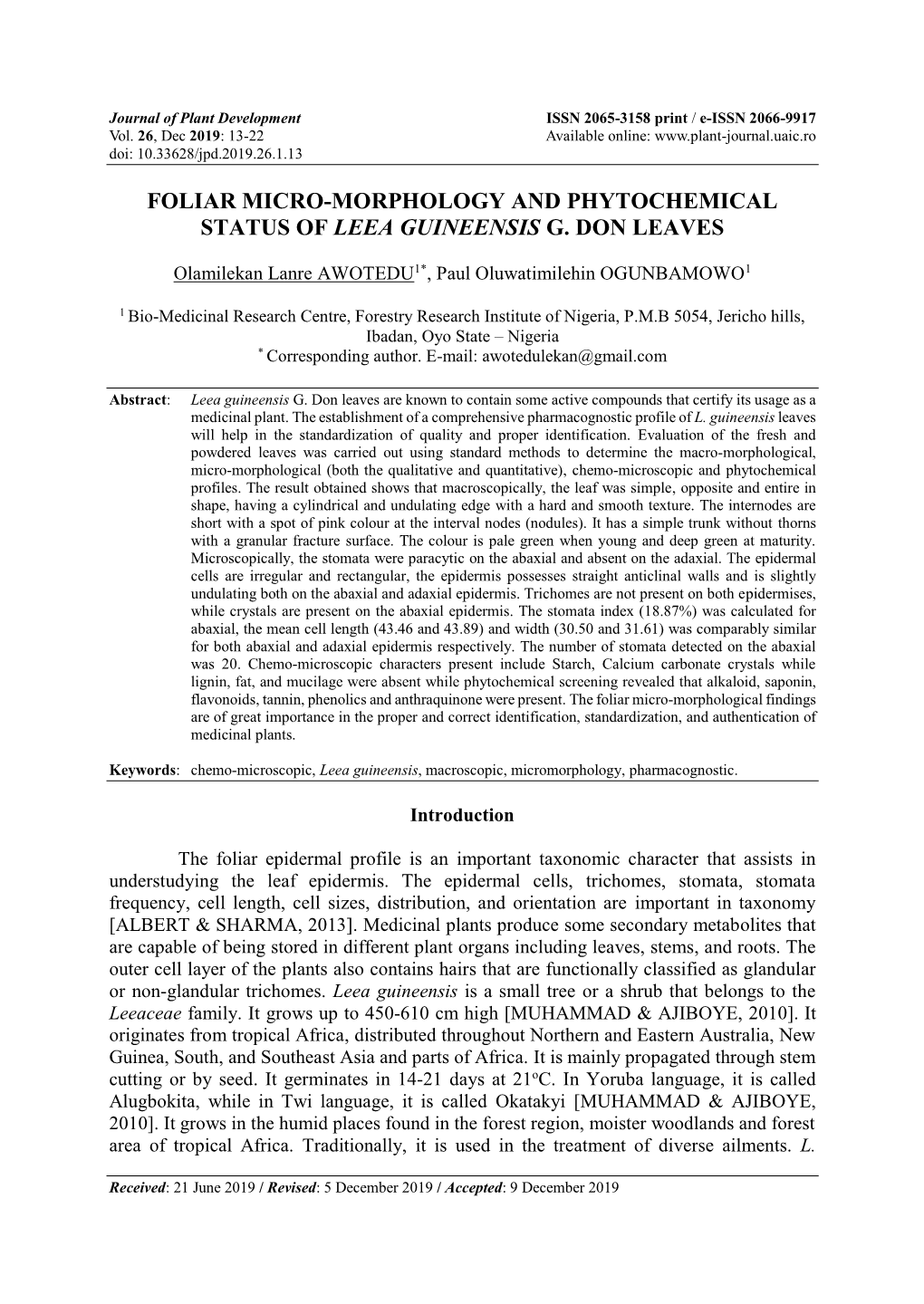 Foliar Micro-Morphology and Phytochemical Status of Leea Guineensis G