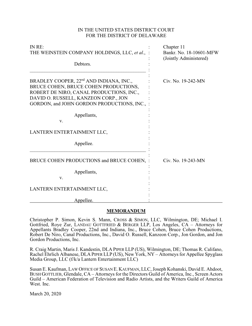 Chapter 11 the WEINSTEIN COMPANY HOLDINGS, LLC, Et Al., : Bankr