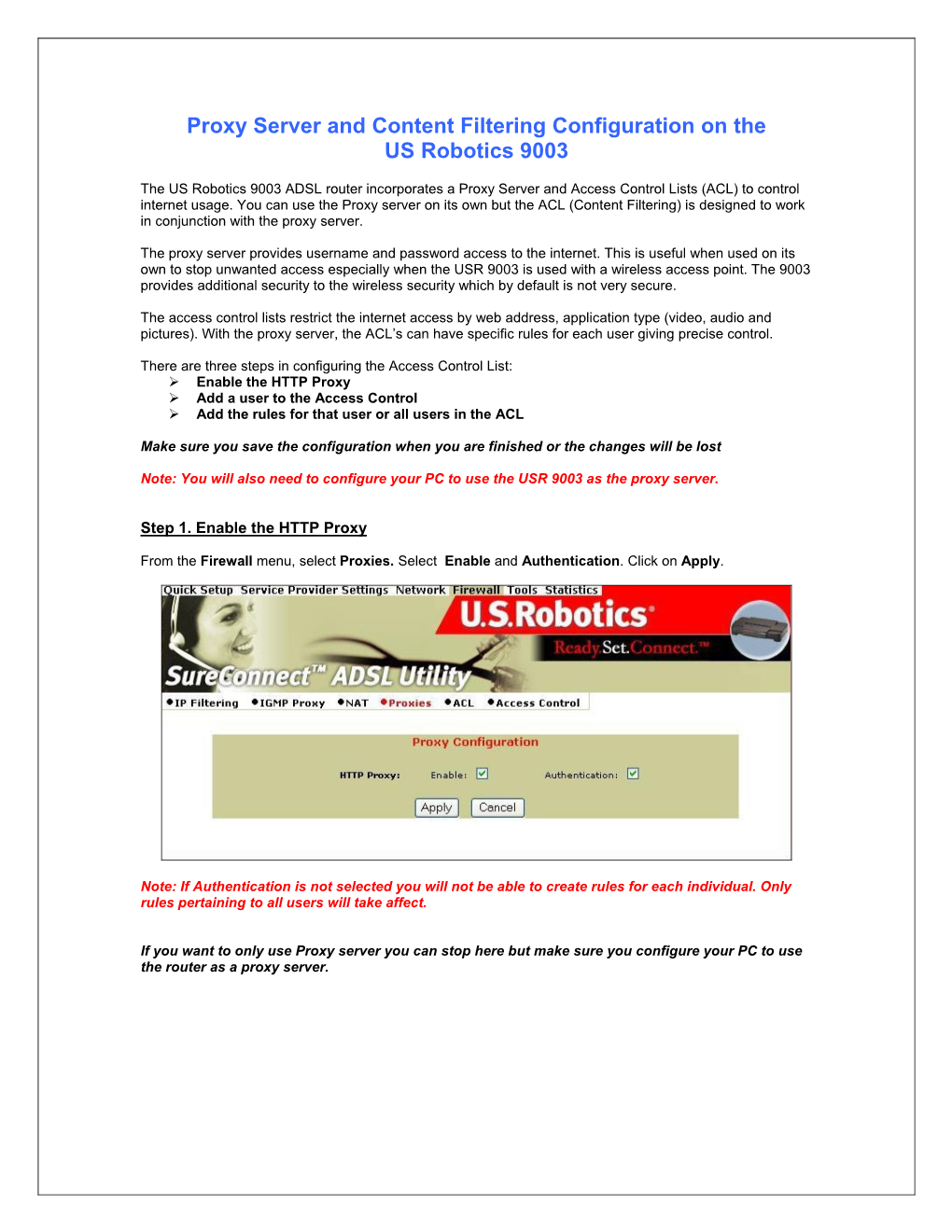 Proxy Server and Content Filtering Configuration on the US Robotics 9003