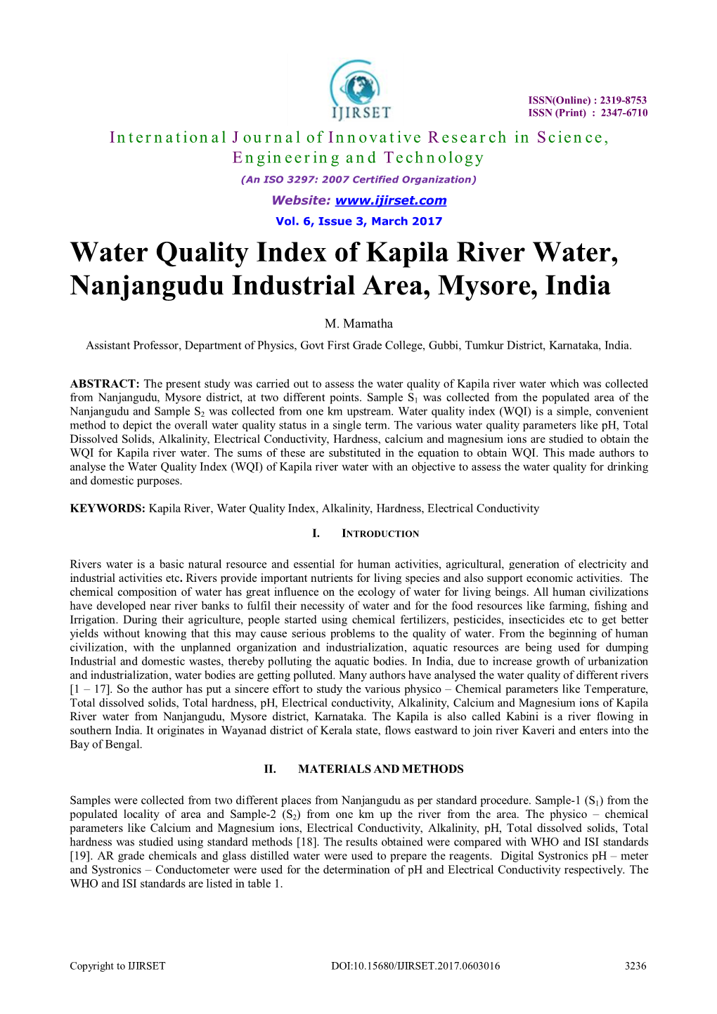 Water Quality Index of Kapila River Water, Nanjangudu Industrial Area, Mysore, India