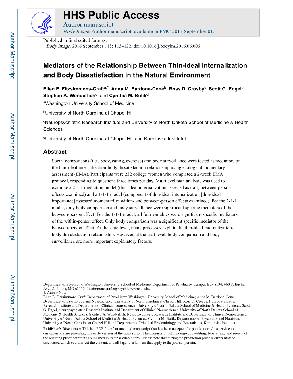 Mediators of the Relationship Between Thin-Ideal Internalization and Body Dissatisfaction in the Natural Environment