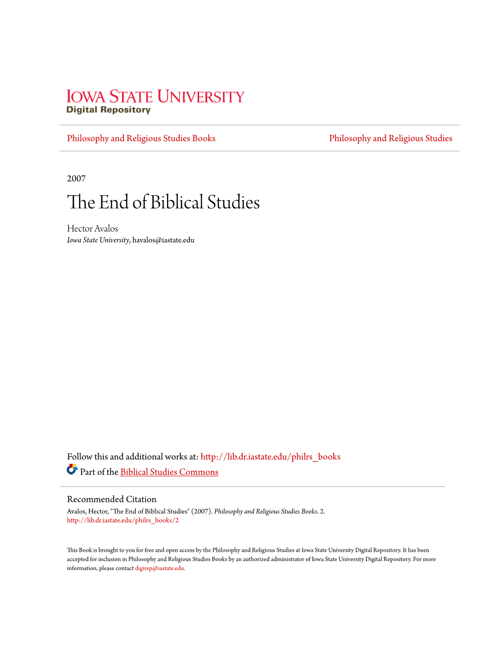 The End of Biblical Studies Will Mean the End of History Or Even the End of Religion