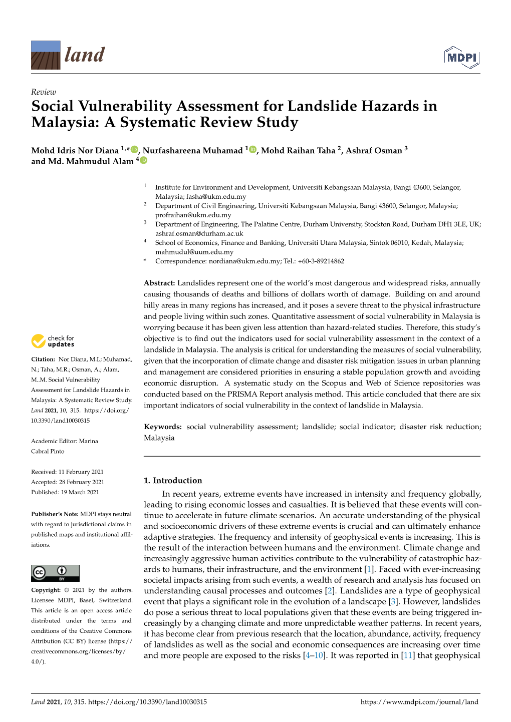 Social Vulnerability Assessment for Landslide Hazards in Malaysia: a Systematic Review Study