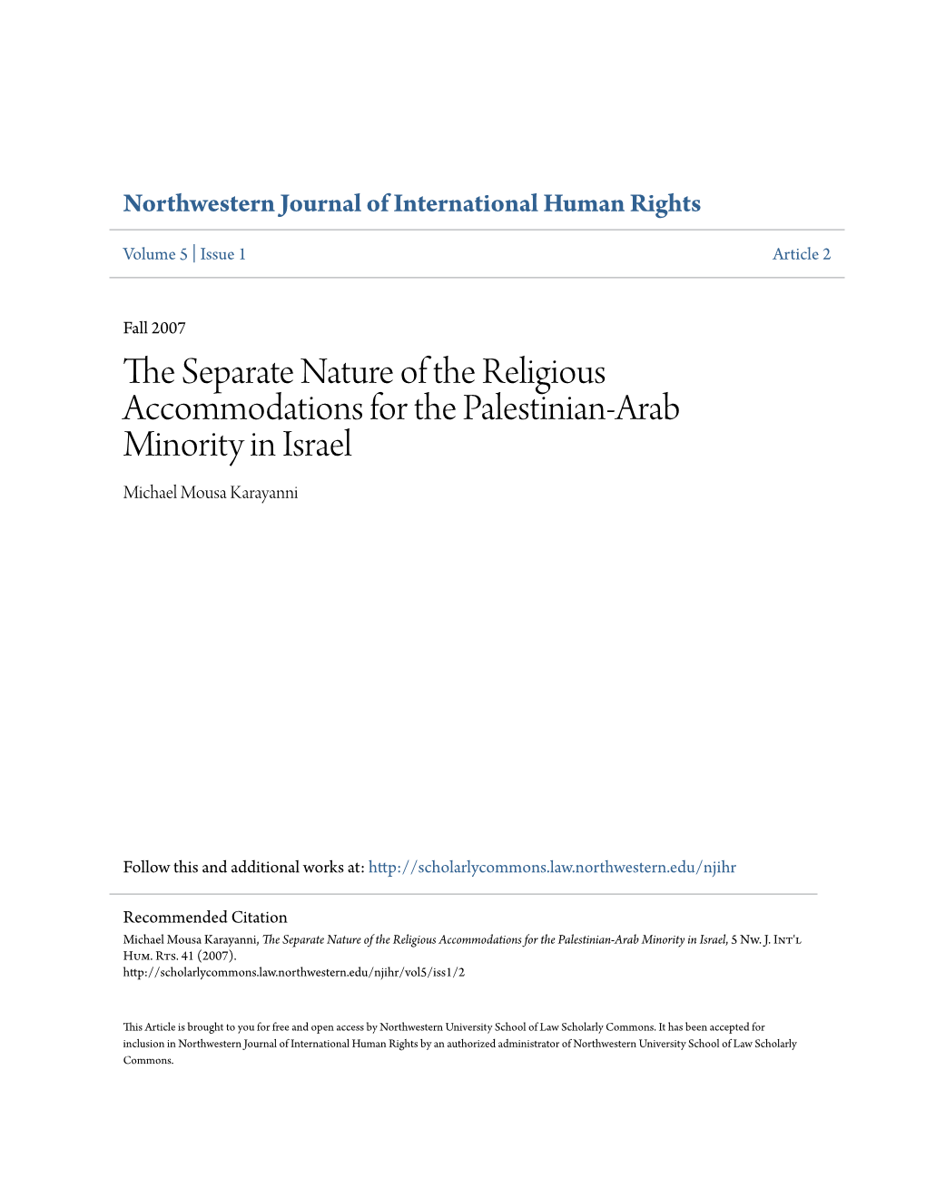 The Separate Nature of the Religious Accommodations for the Palestinian-Arab Minority in Israel, 5 Nw