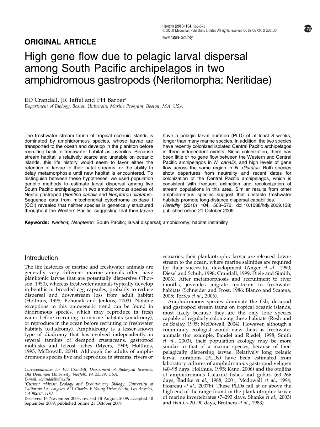 High Gene Flow Due to Pelagic Larval Dispersal Among South