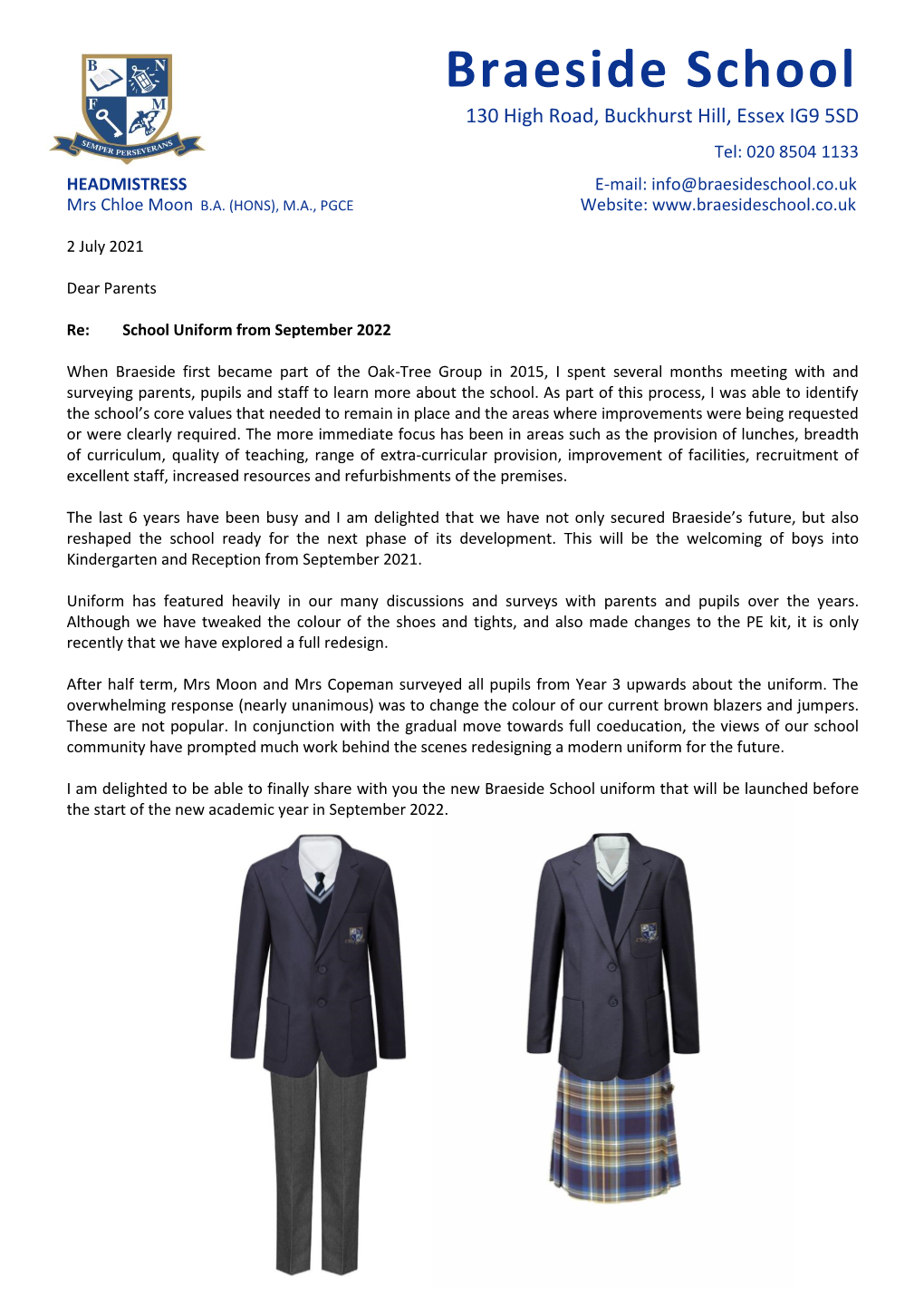 Braeside Uniform Letter July 2021