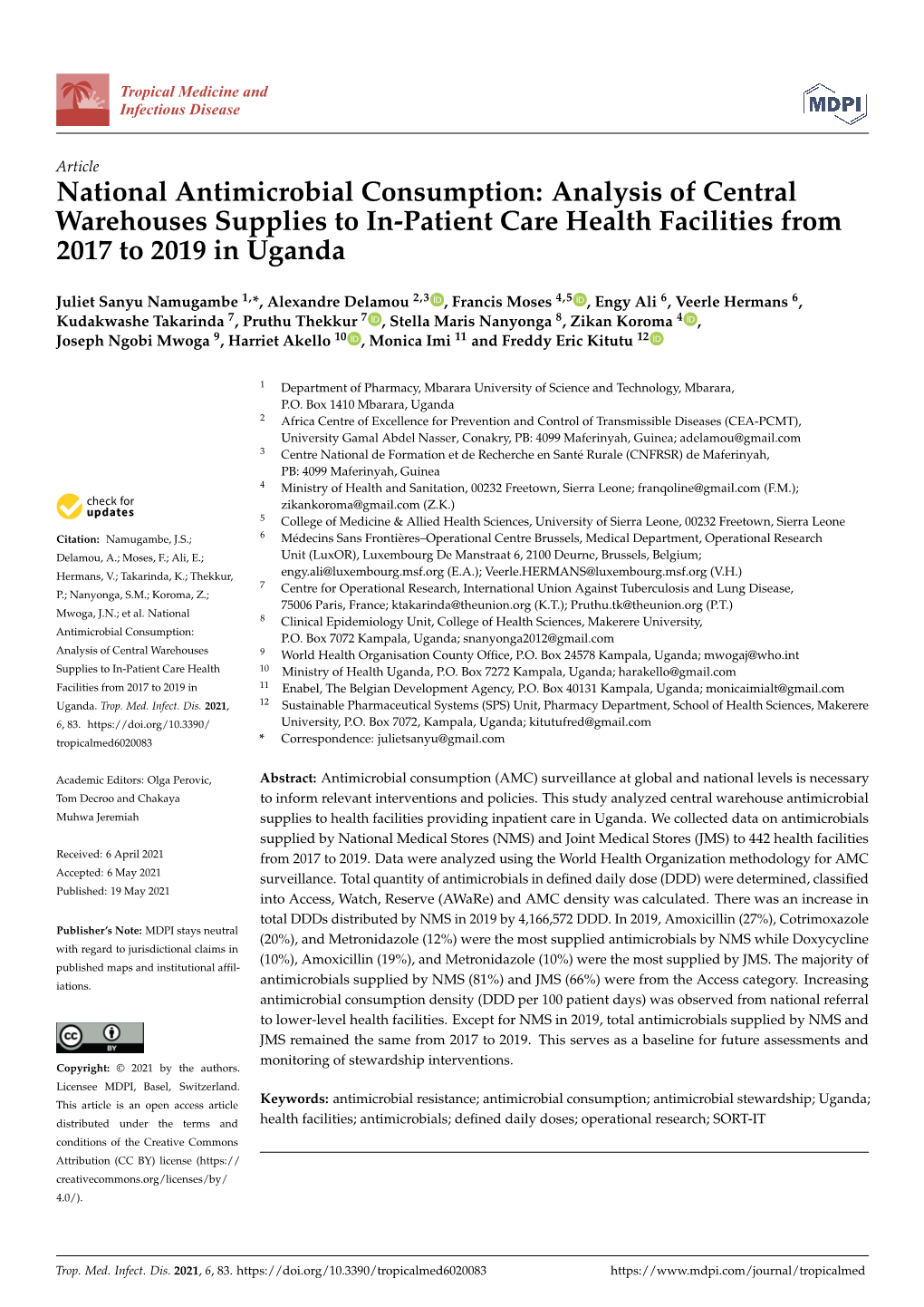 National Antimicrobial Consumption: Analysis of Central Warehouses Supplies to In-Patient Care Health Facilities from 2017 to 2019 in Uganda