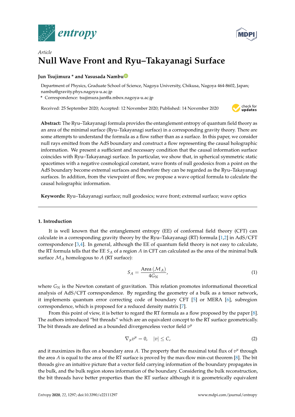 Null Wave Front and Ryu–Takayanagi Surface