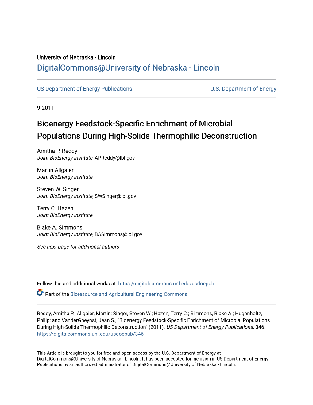 Bioenergy Feedstock-Specific Enrichment of Microbial Populations During High-Solids Thermophilic Deconstruction