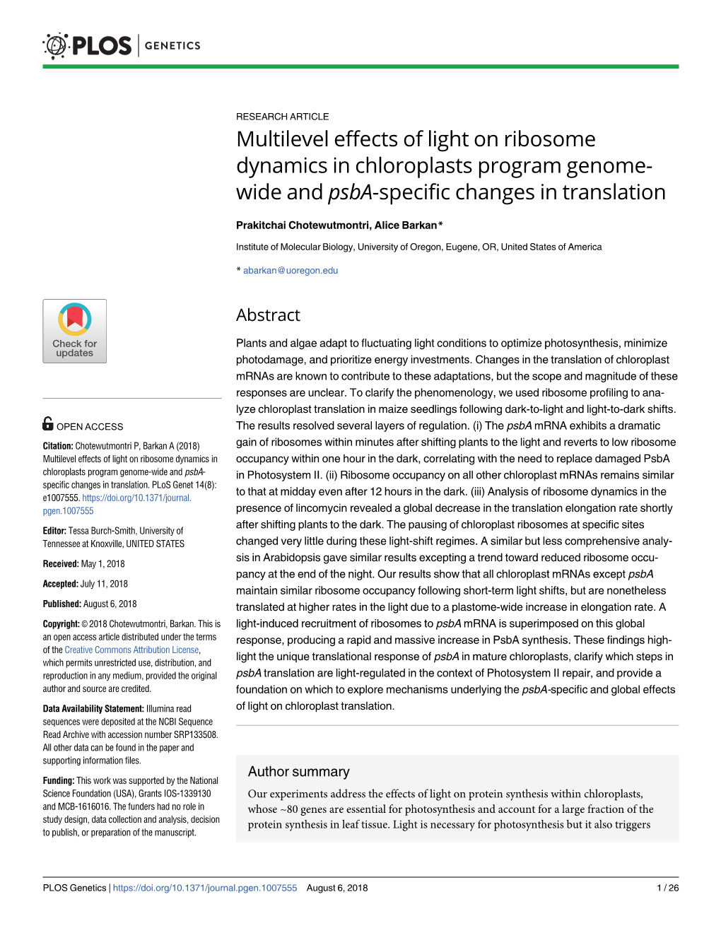 Multilevel Effects of Light on Ribosome Dynamics in Chloroplasts Program Genome- Wide and Psba-Specific Changes in Translation