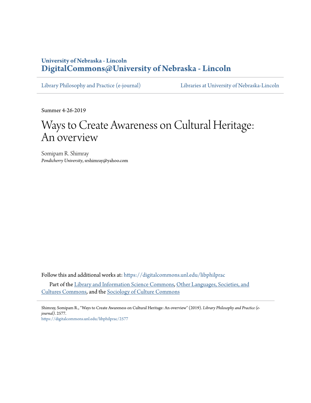 Ways to Create Awareness on Cultural Heritage: an Overview Somipam R